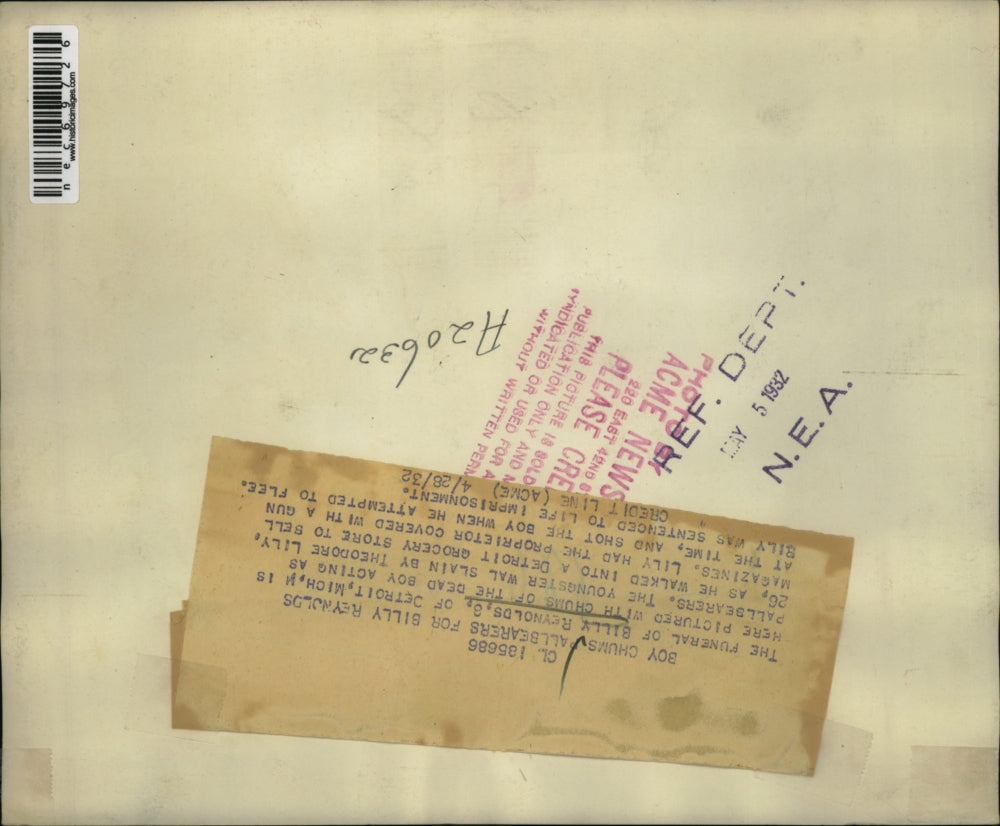 1932 Press Photo Funeral service of Billy Reynolds slain at Detroit Grocery.