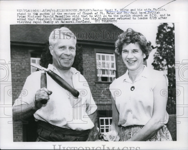 Load image into Gallery viewer, 1959 Press Photo Cyril N. White &amp; Wife Phyllis in Garden at Church of St. Peter
