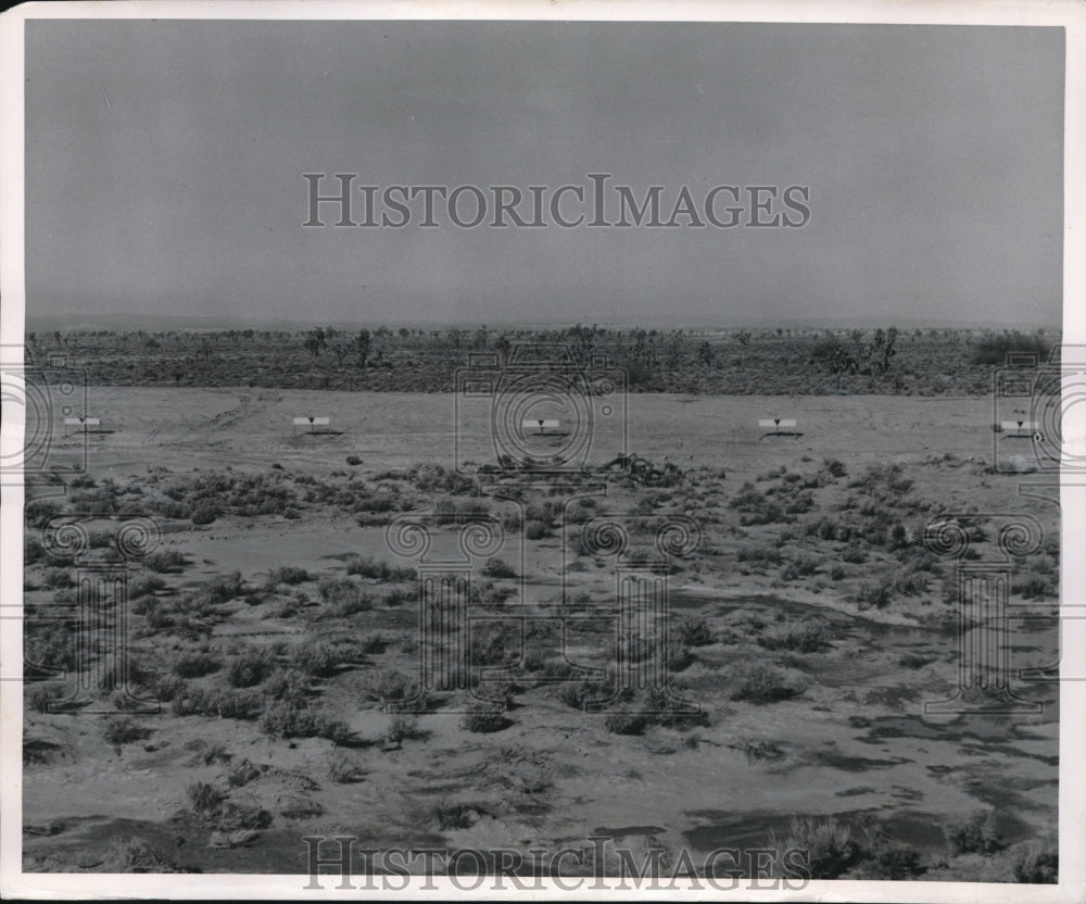 1950 Press Photo markers along the pilot ejection seat test track at Edwards AFB