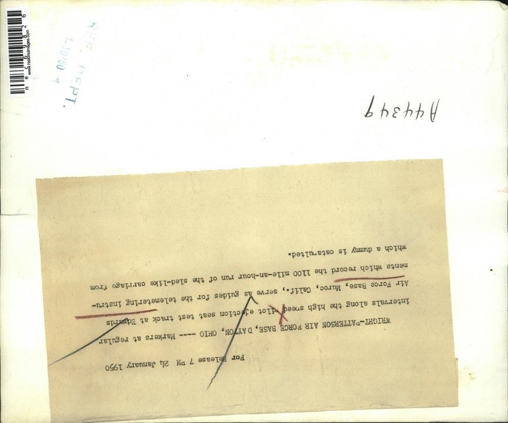 1950 Press Photo markers along the pilot ejection seat test track at Edwards AFB