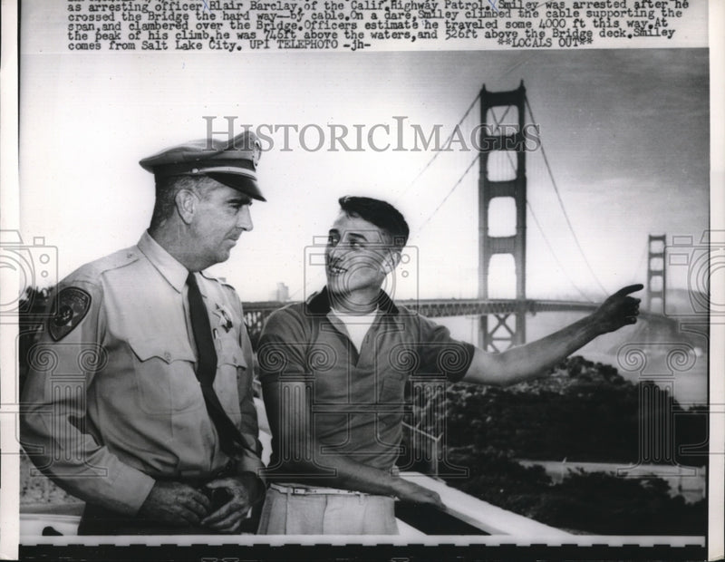Load image into Gallery viewer, 1960 Press Photo daredevil Smiley arrested for climbing Golden Gate Bridge
