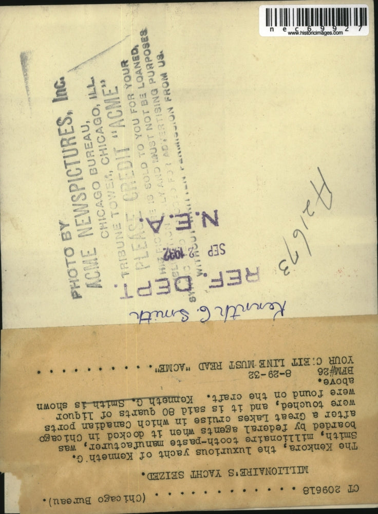 1932 Press Photo Kenneth G. Smith, Millionaire's Yacht Seized