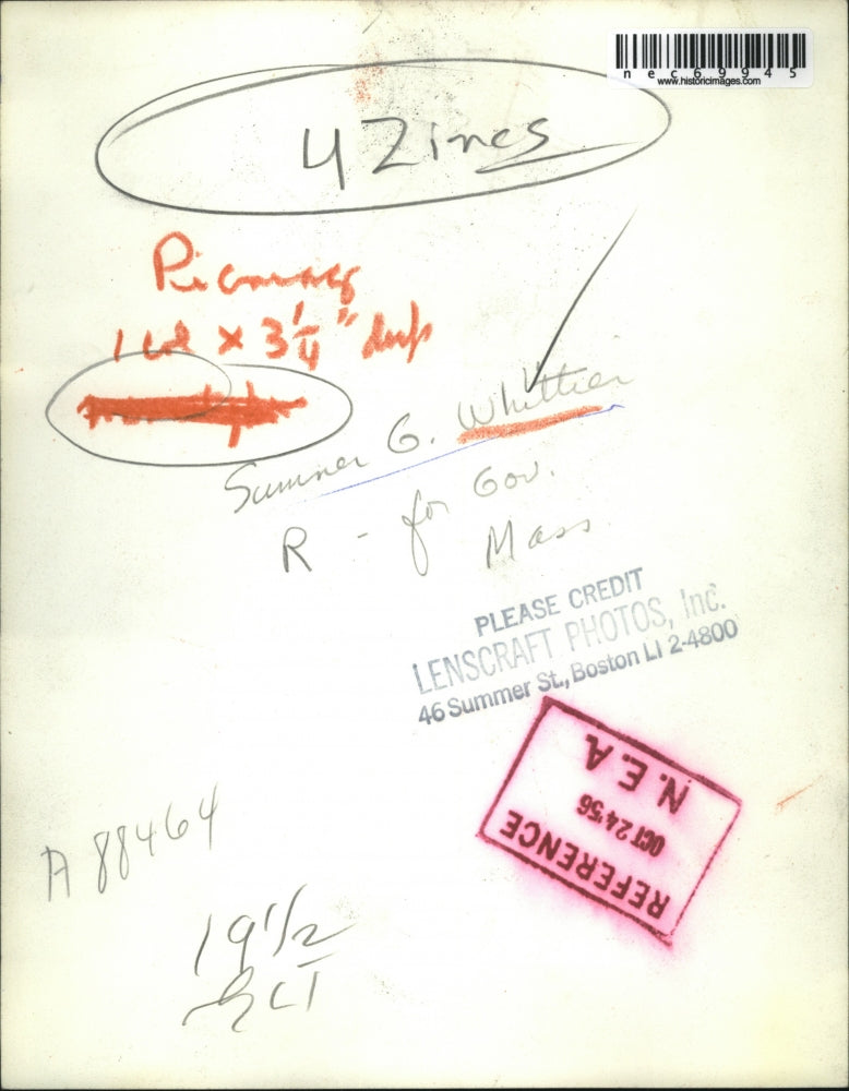 1956 Press Photo Sumner G. Whittier, Republican Candidate for Governor Mass.