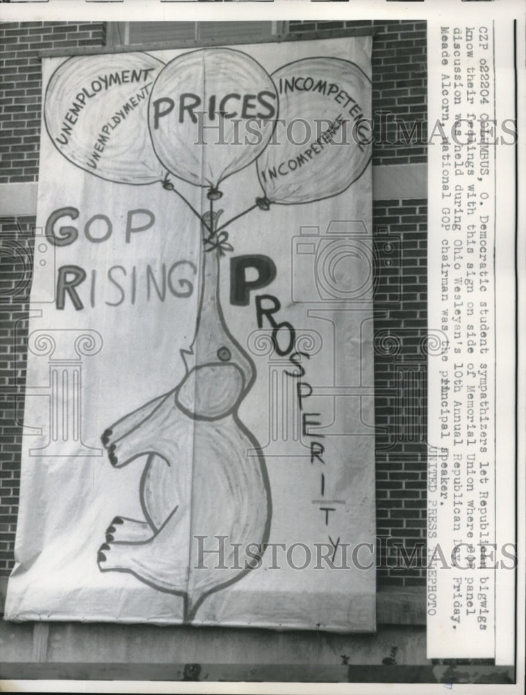Load image into Gallery viewer, 1958 Press Photo Democratic Students Put Sign on Memorial Union at Ohio Wesleyan
