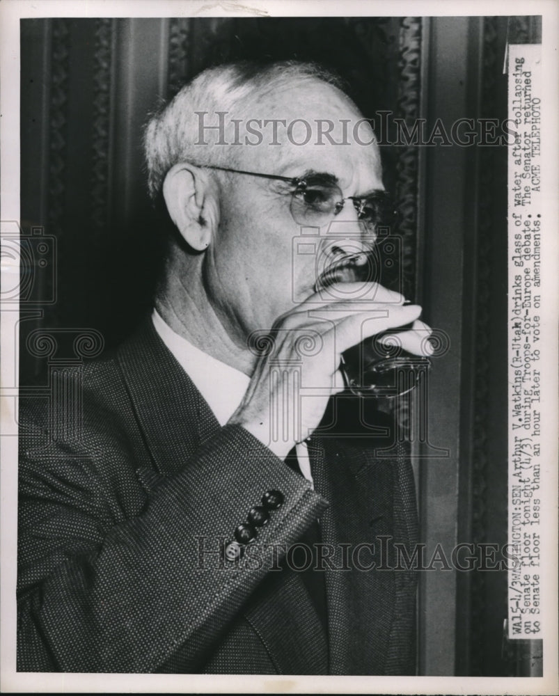 1951 Press Photo Sen. Arthur V. Watkins (R-Utah) at Troops For Europe debate