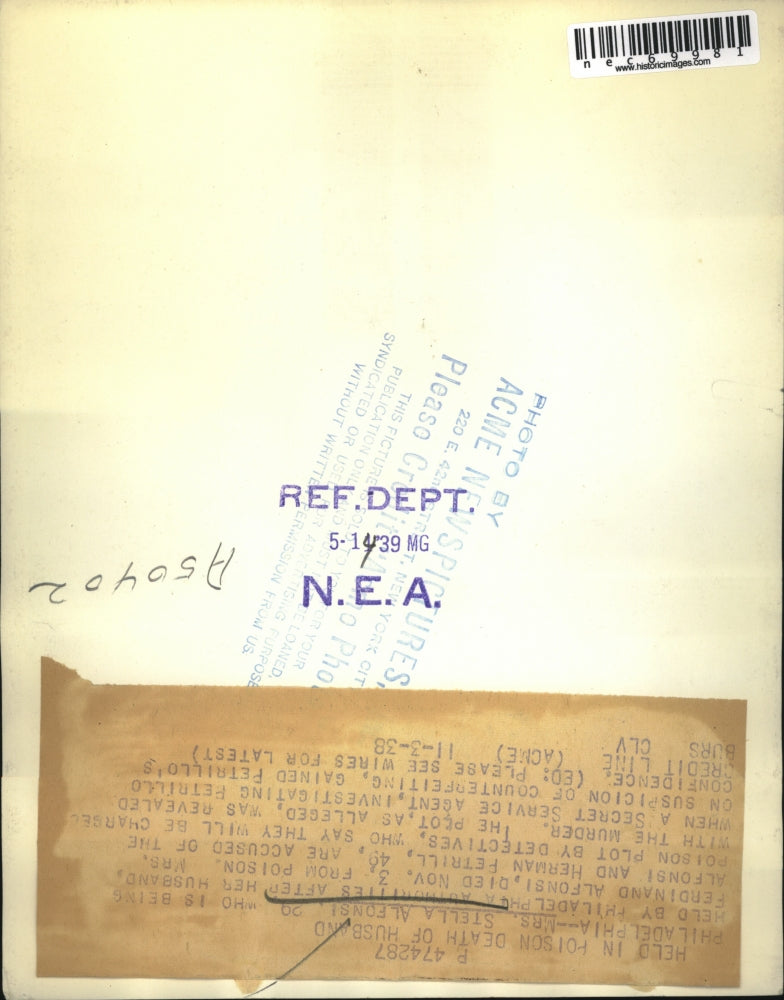 1938 Press Photo Stella Alfonsi charged with poison death of hubby Ferdinand