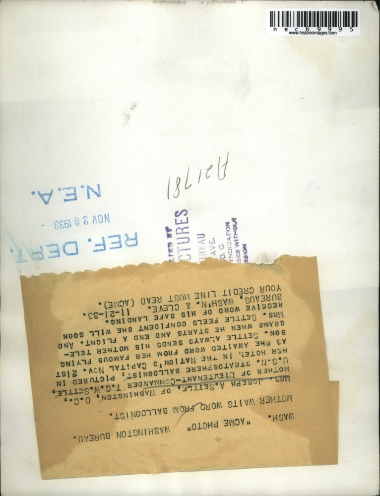 1933 Press Photo Mrs. Joseph A. Settle, mom of Stratosphere pilot, Tex Settle