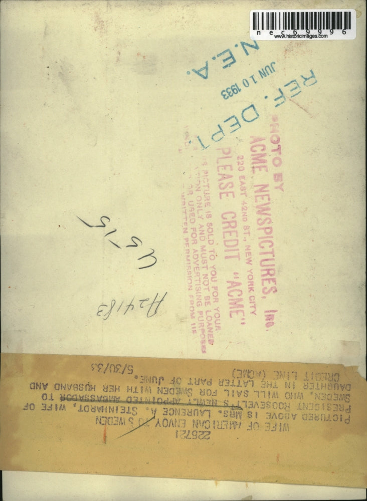 1933 Press Photo Mrs. Laurence Steinhardt, wife of U.S. Ambassador to Sweden