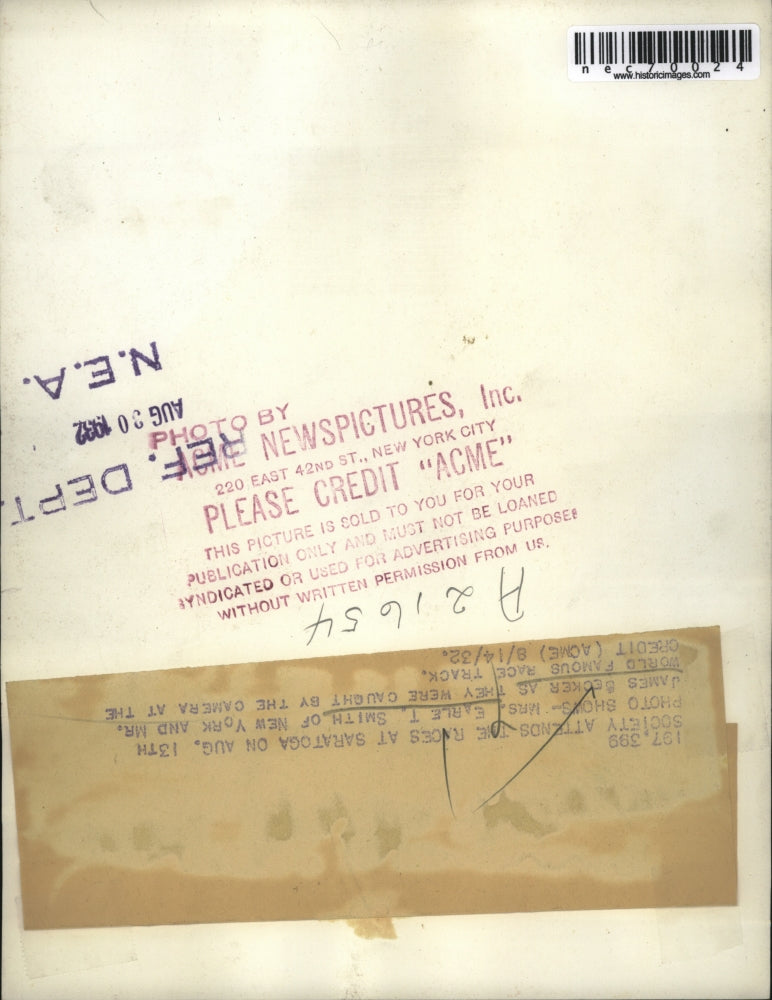 1932 Press Photo Mrs. Earle T. Smith and James Becker at Races at Saratoga