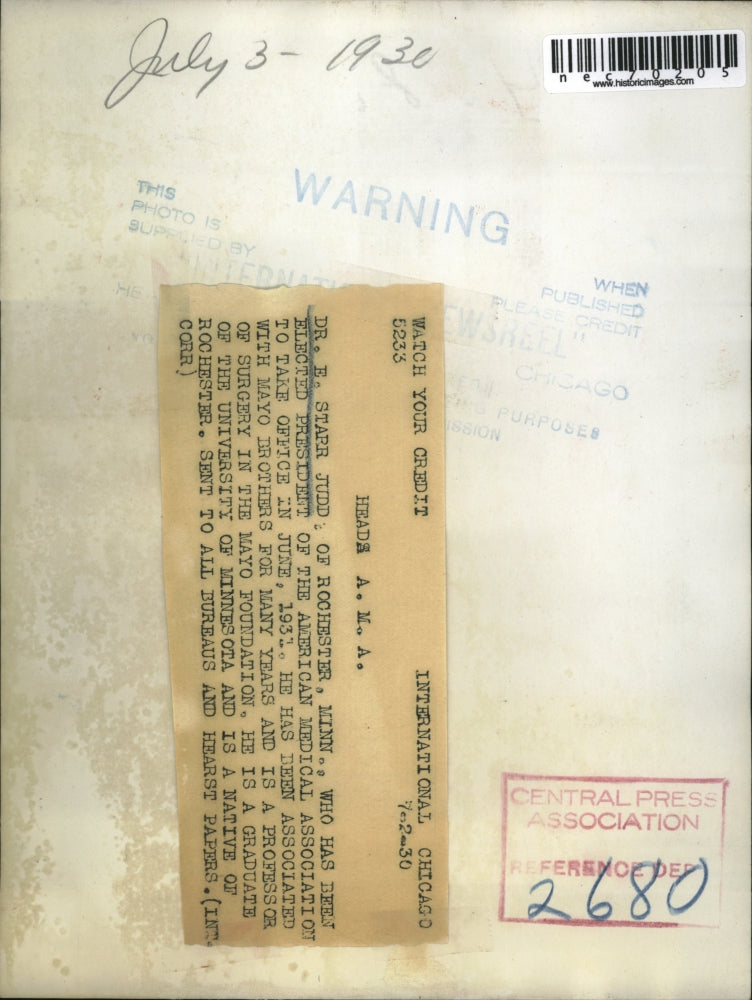 1930 Press Photo Dr E Starr Judd of Rochester. Minn pres of AMA