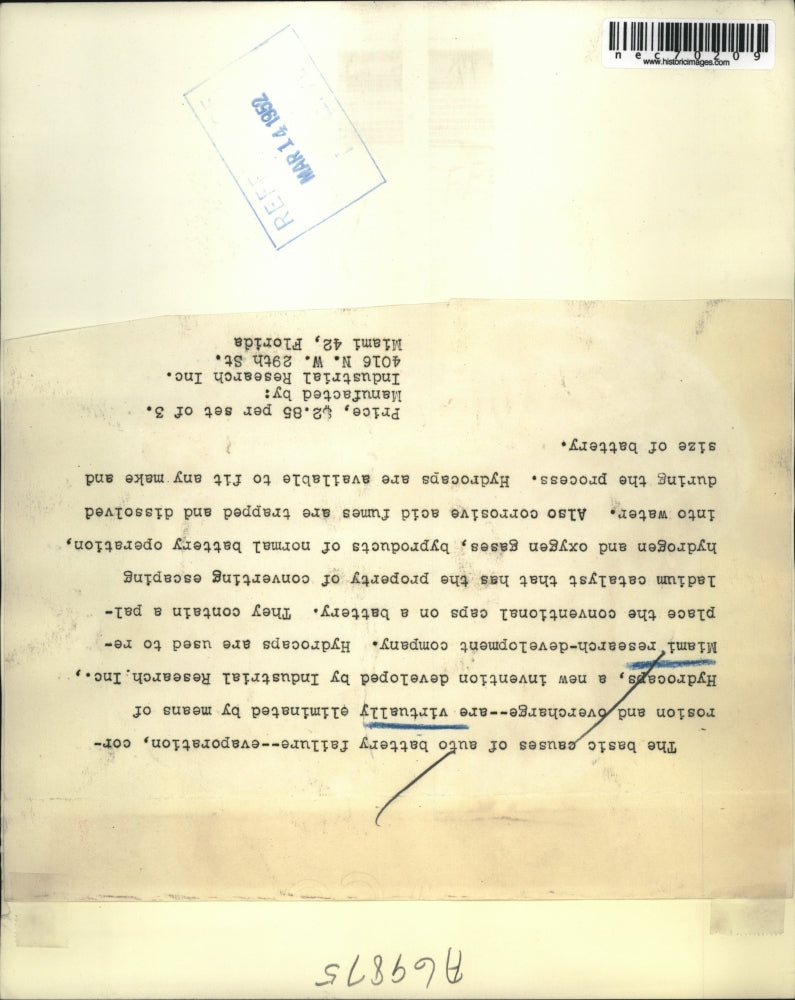 1952 Press Photo Hydroscope by Ind Research Inc for auto batteries - nec70209