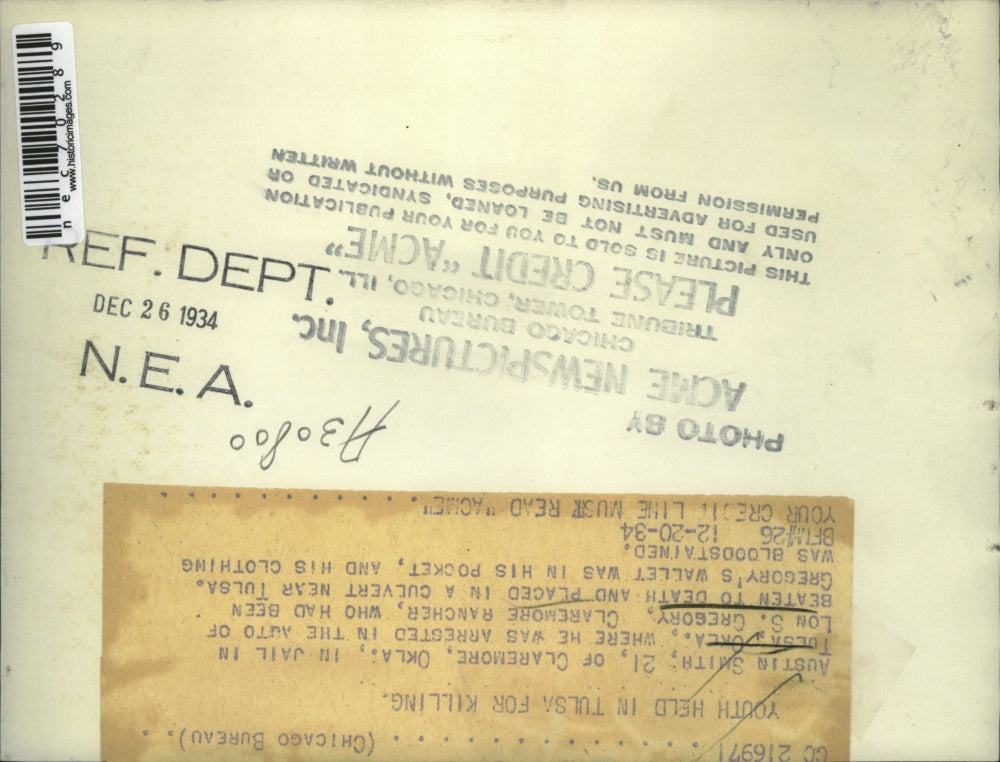 1934 Press Photo Austin Smith arrested for beating Lon Gregory to death in Tulsa