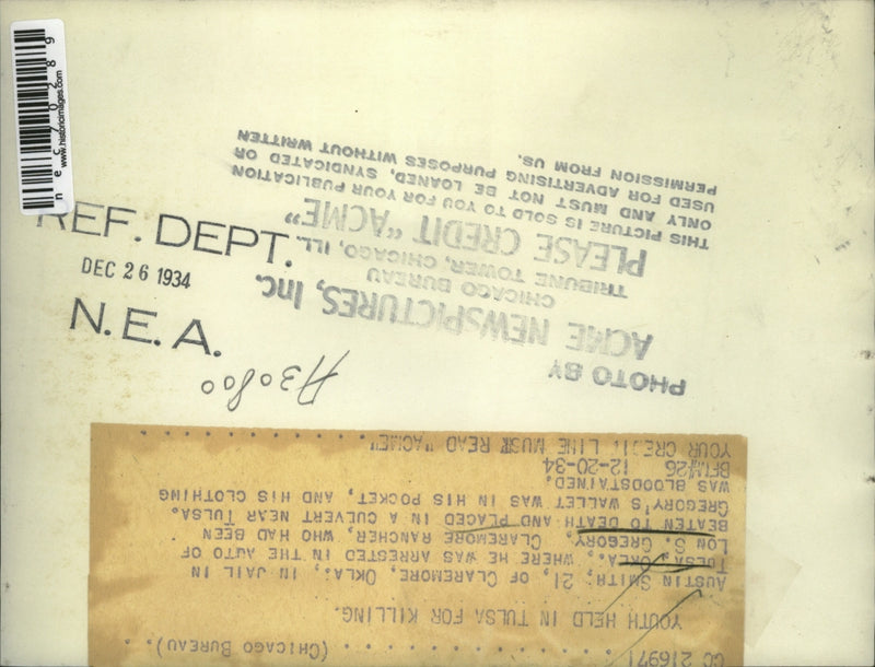 Load image into Gallery viewer, 1934 Press Photo Austin Smith arrested for beating Lon Gregory to death in Tulsa
