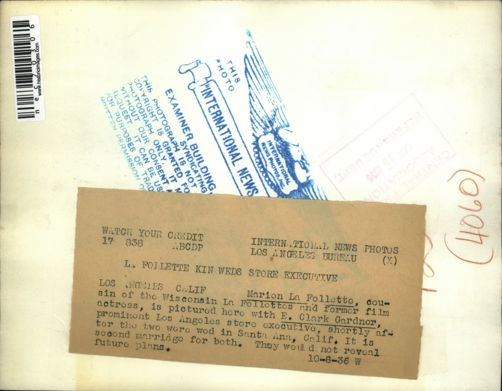 1936 Press Photo LA, Calif. Marion La Follette & E Clark Gardner after wedding