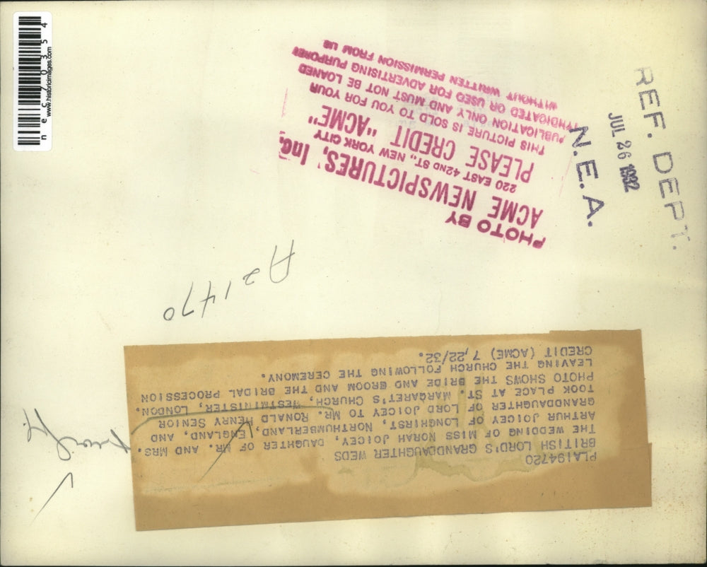 1932 Press Photo Wedding of Ronald Henry Senior & Norah Joicey in England