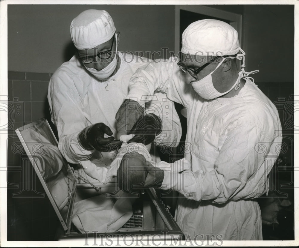 Press Photo Dr. Frank Marting & Dr. Stewart Wagoner Give Infant Tranfusion
