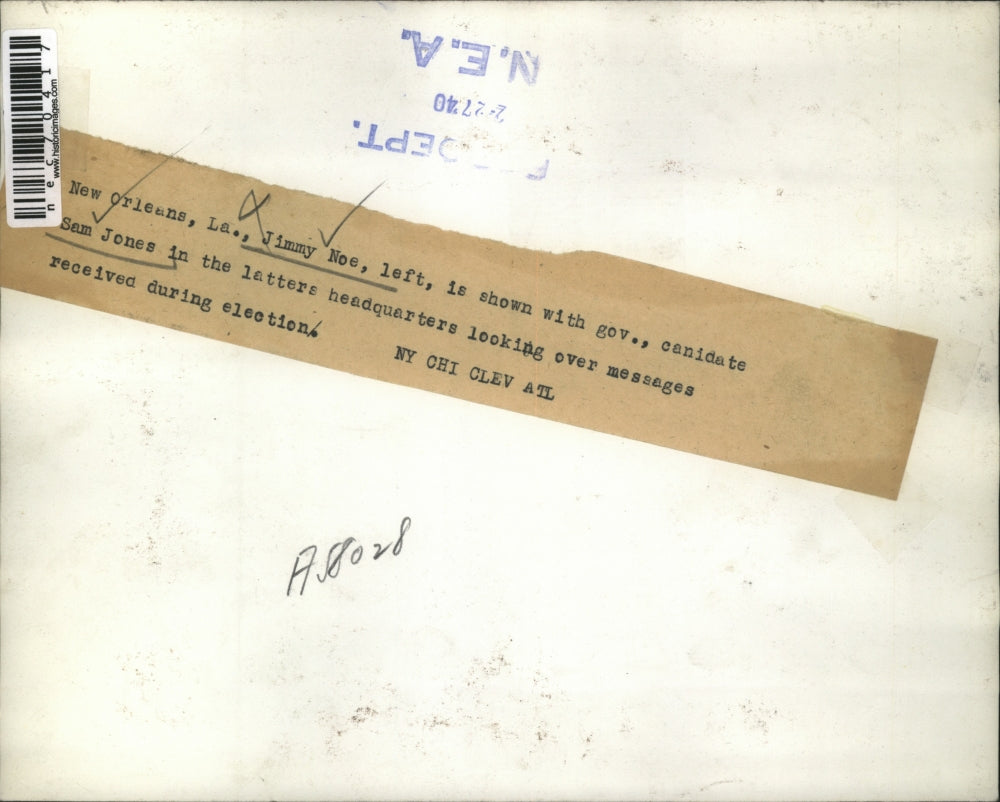 1940 Press Photo New Orleans, La Jimmy Noe and Gov Sam Jones at election HQ