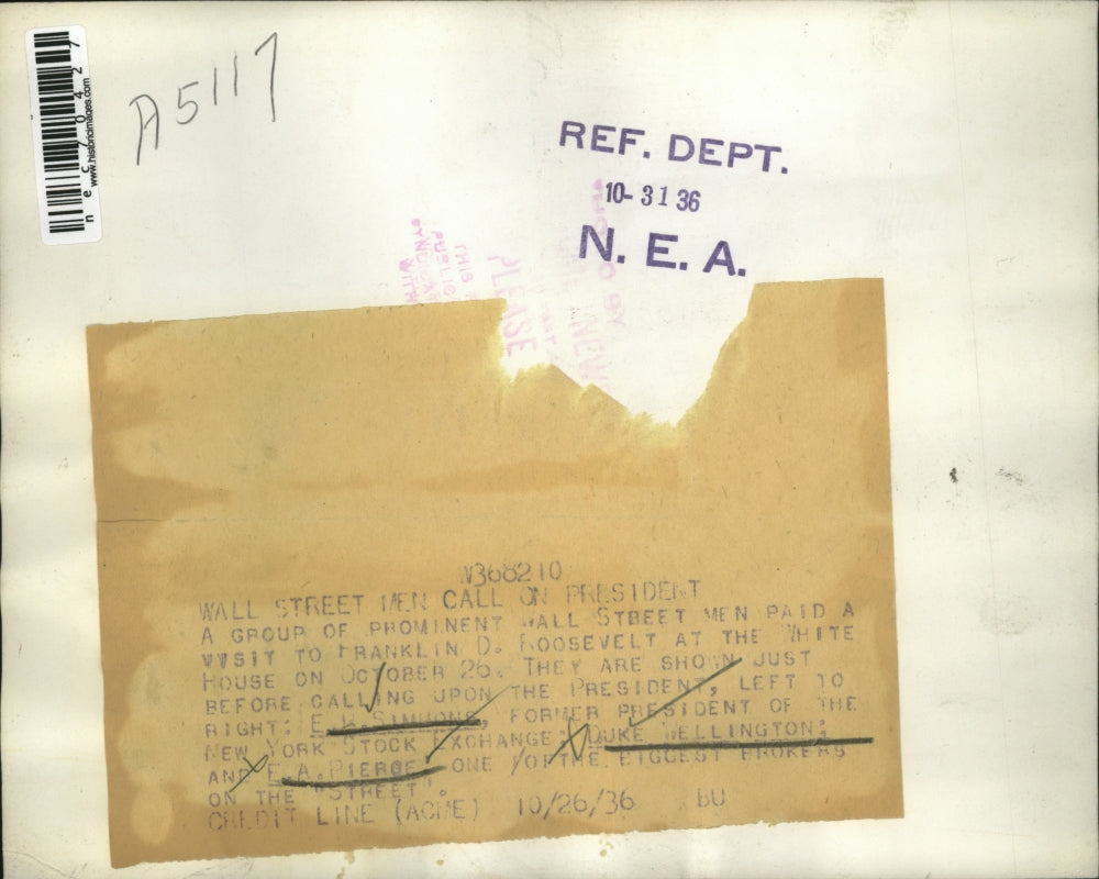 1936 Press Photo Wall St men, EW Simmons,D Wellington,EA Pierot