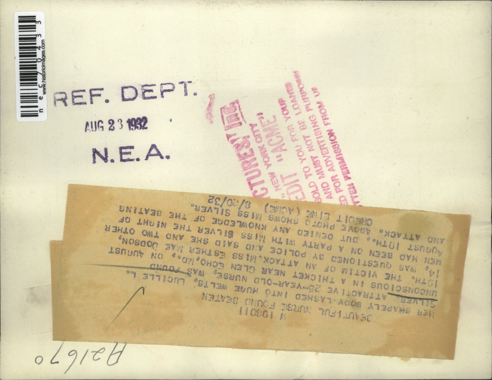 1932 Press Photo Lucille L Silver attack victim in Glen Echo, Md - nec70433