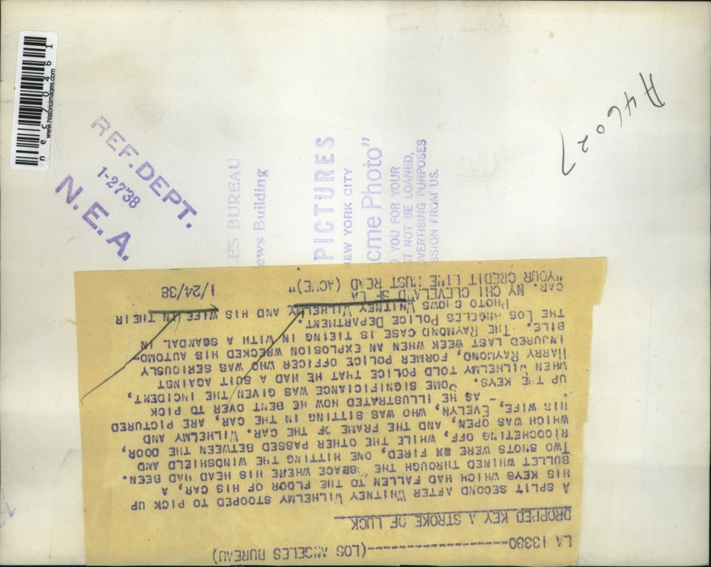 1938 Press Photo Whitney Wilhelry & wife in car they almost shot to death in