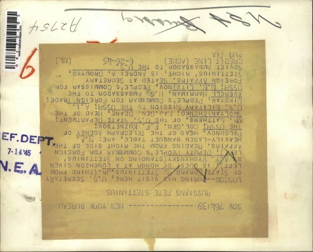 1945 Press Photo Moscow US Sec of State Ed Stettinius Jr,AY Vyshinsky