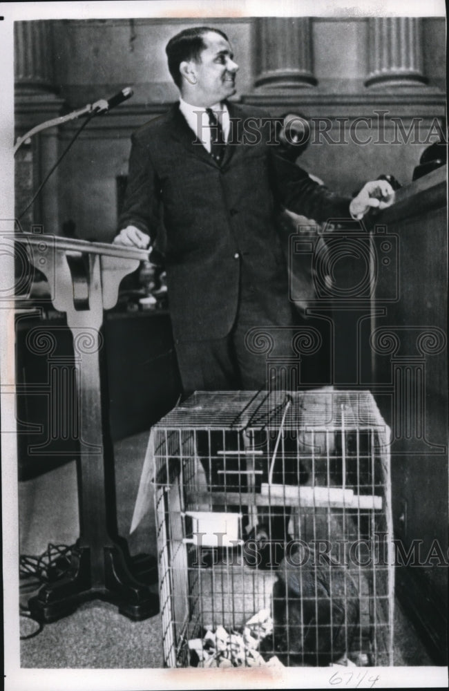 Load image into Gallery viewer, 1967 Press Photo Nashville, TN State Rep Jack Smith &amp; a caged monkey

