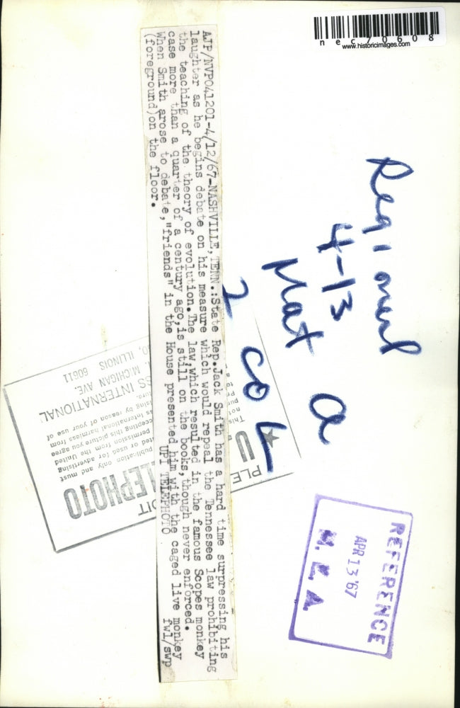 1967 Press Photo Nashville, TN State Rep Jack Smith & a caged monkey