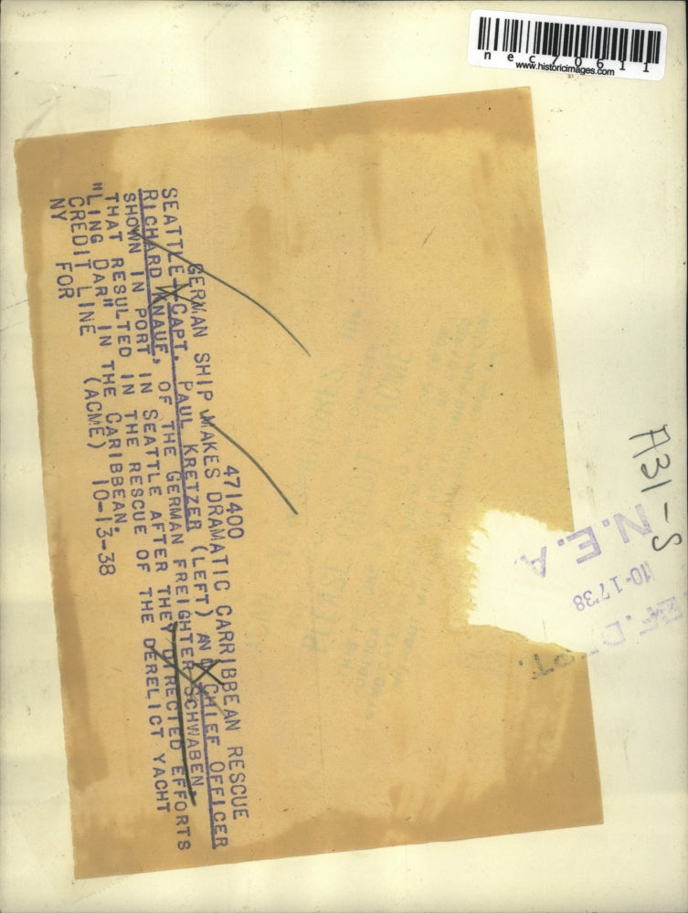 1938 Press Photo Seattle, Capt Paul Kretzer & Chief Off. Richard Knaue on Scheab