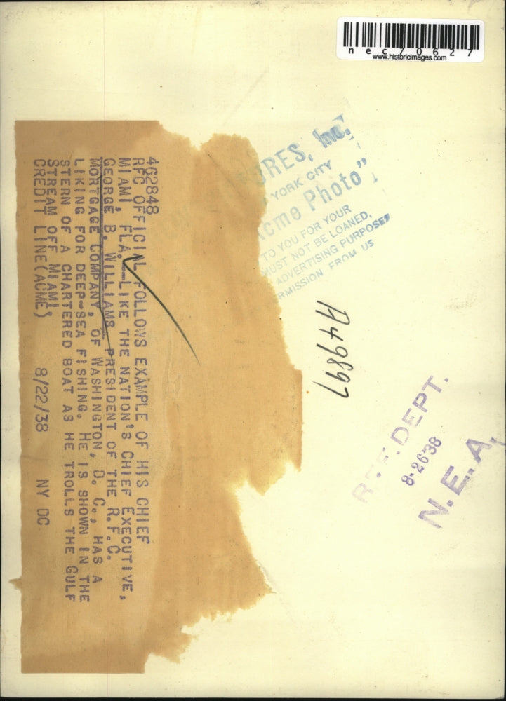 1938 Press Photo Miami, Fla. George B Williams pres of RFC Mortage Co fishing