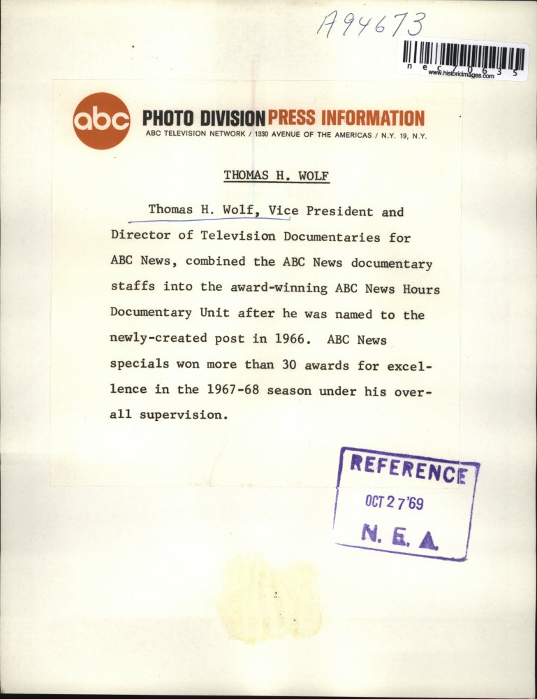 1969 Press Photo Thomas H Wolf VP & director for ABC News