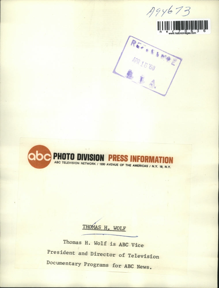 1968 Press Photo Thomas H Wolf VP & TV Director for ABC