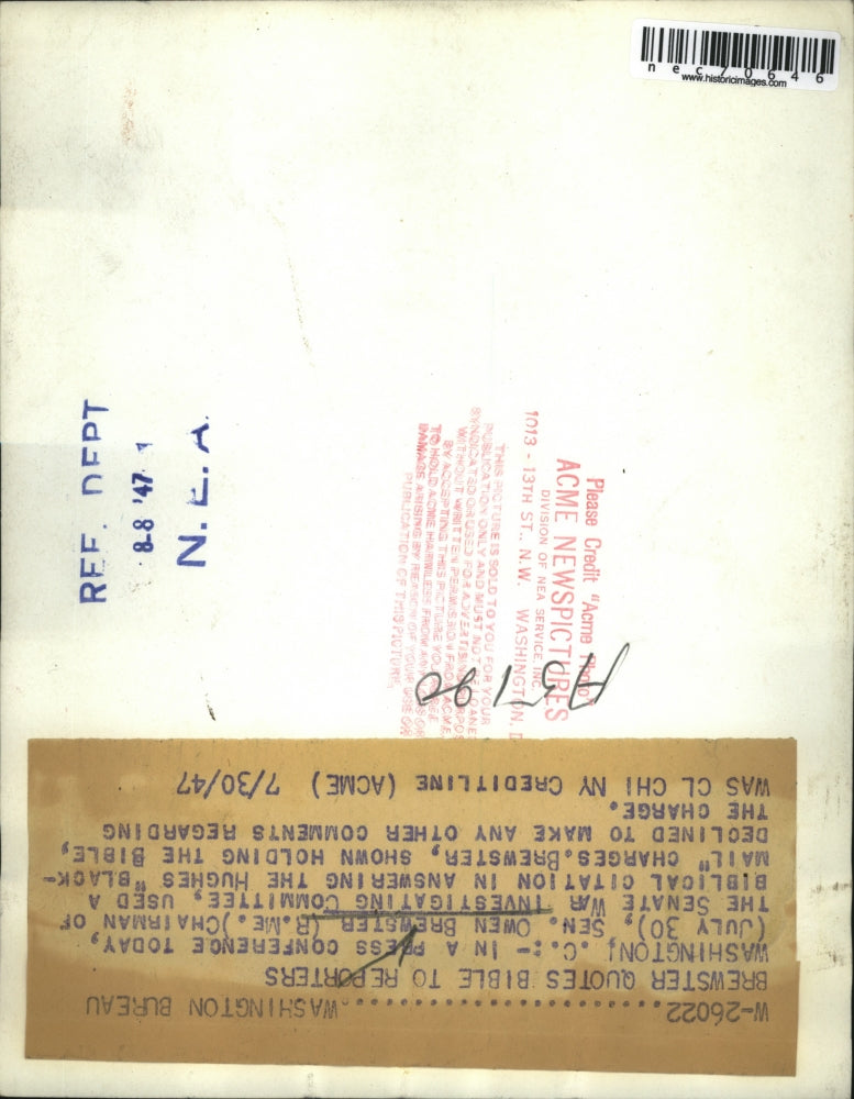 1947 Press Photo DC Senator Owen Brewster R of Me at Senate hearing - nec70646