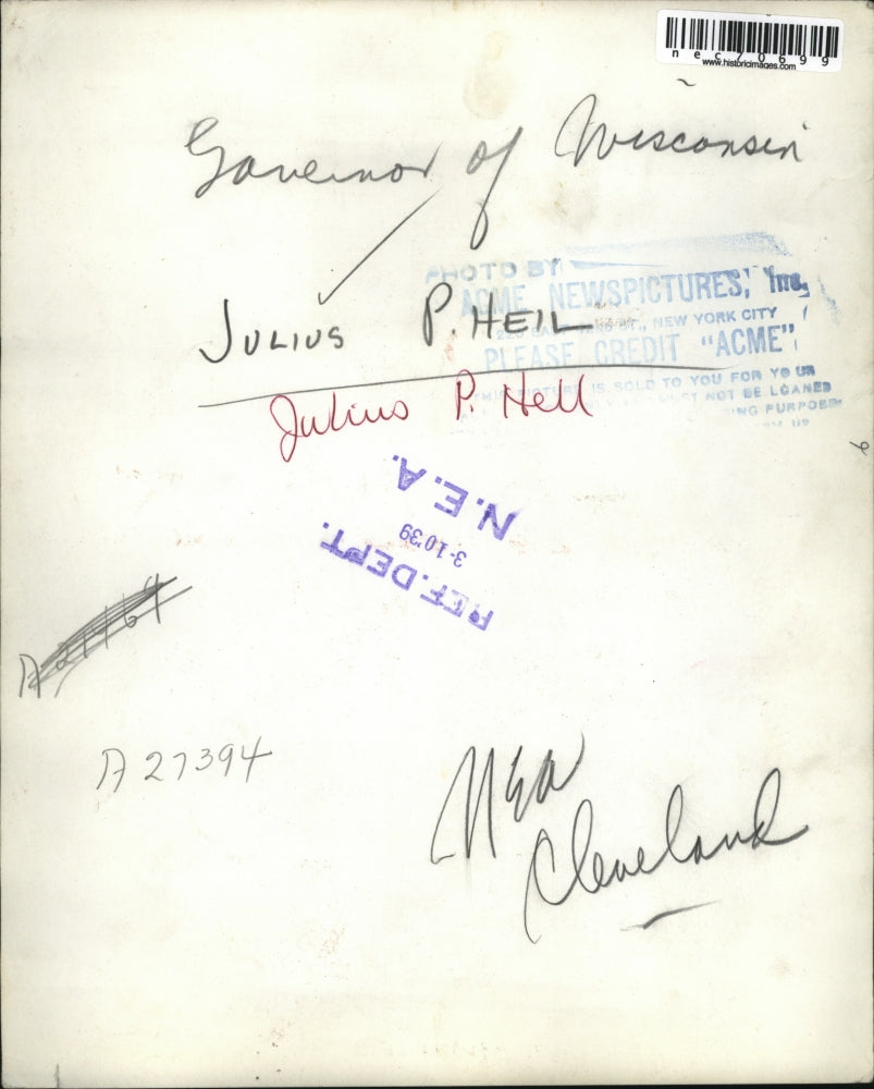 1939 Press Photo Julius P Heil, governor of Wisconsin