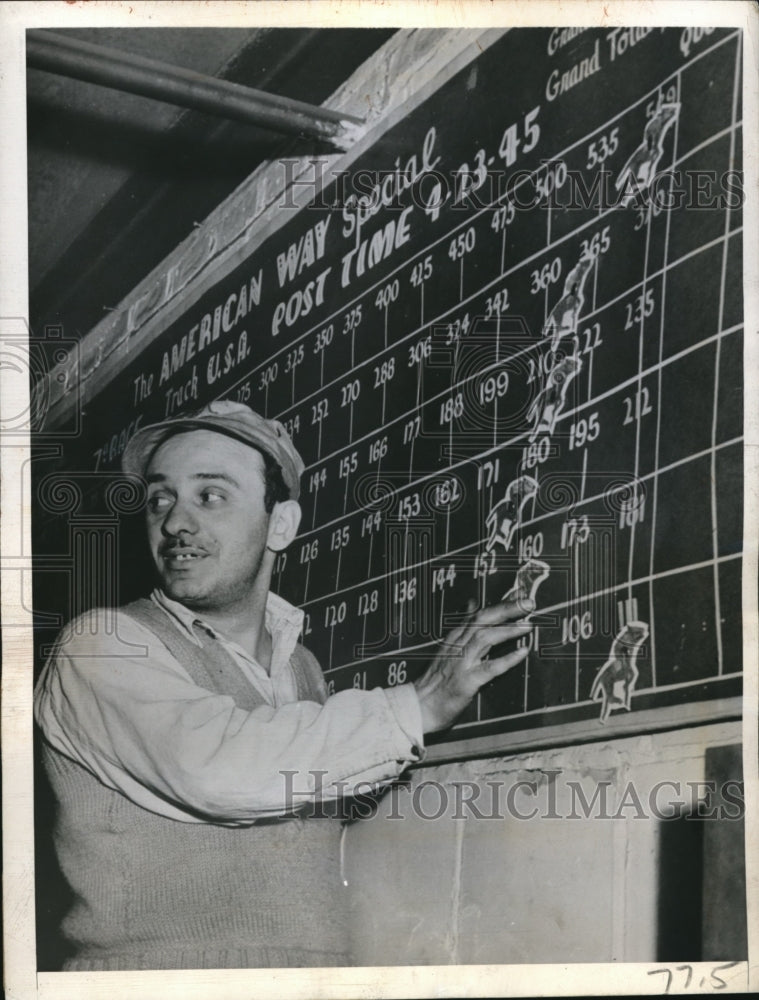 Load image into Gallery viewer, 1945 Press Photo Kearny, NJ US Steel Fed Shipyard, John B'Andrea at race bd
