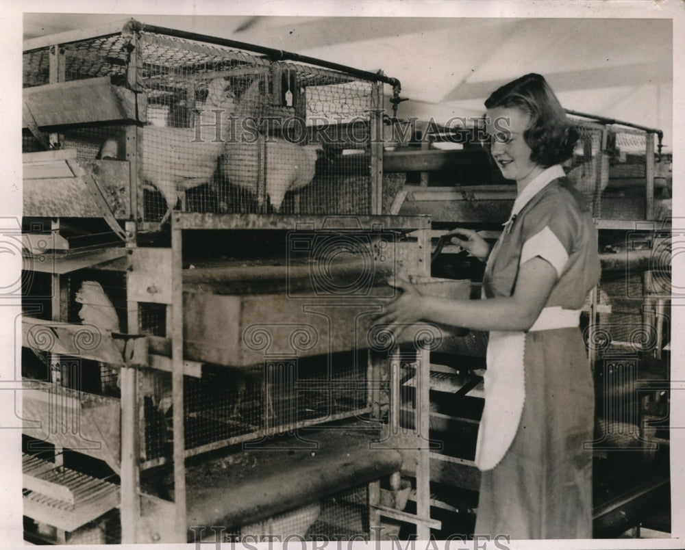 1936 Press Photo Lillian Swenson Demonstrates How She Cleans Cages In Long Islan