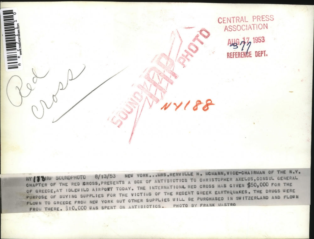 1953 Press Photo Mrs. Renville H. McMann of Red Cross with Christopher Axelos