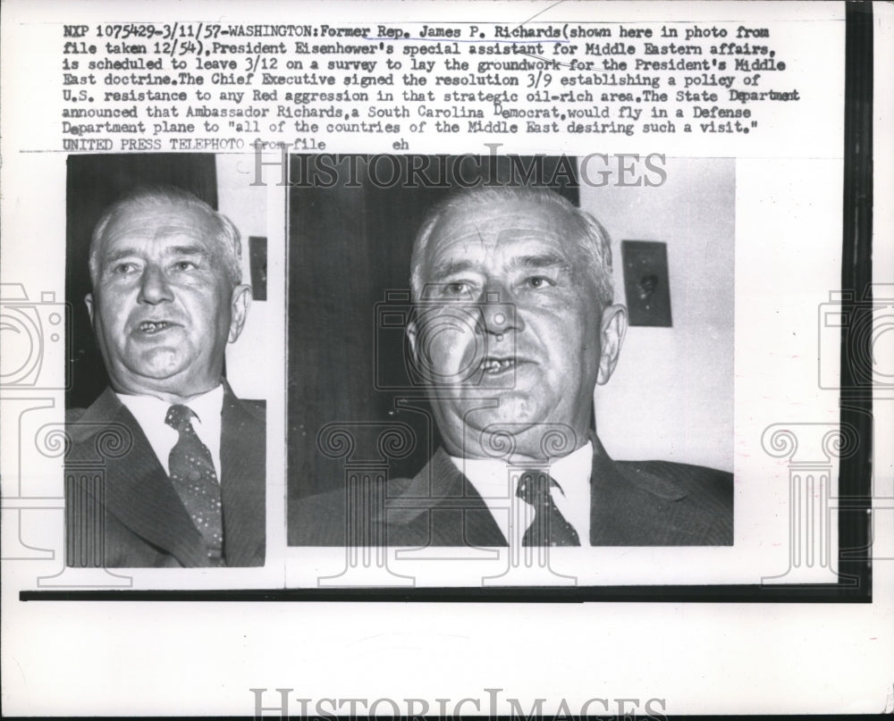 1957 Press Photo DC Former Rep James Richards, emissary to Middle East