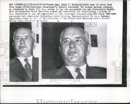1957 Press Photo DC Former Rep James Richards, emissary to Middle East