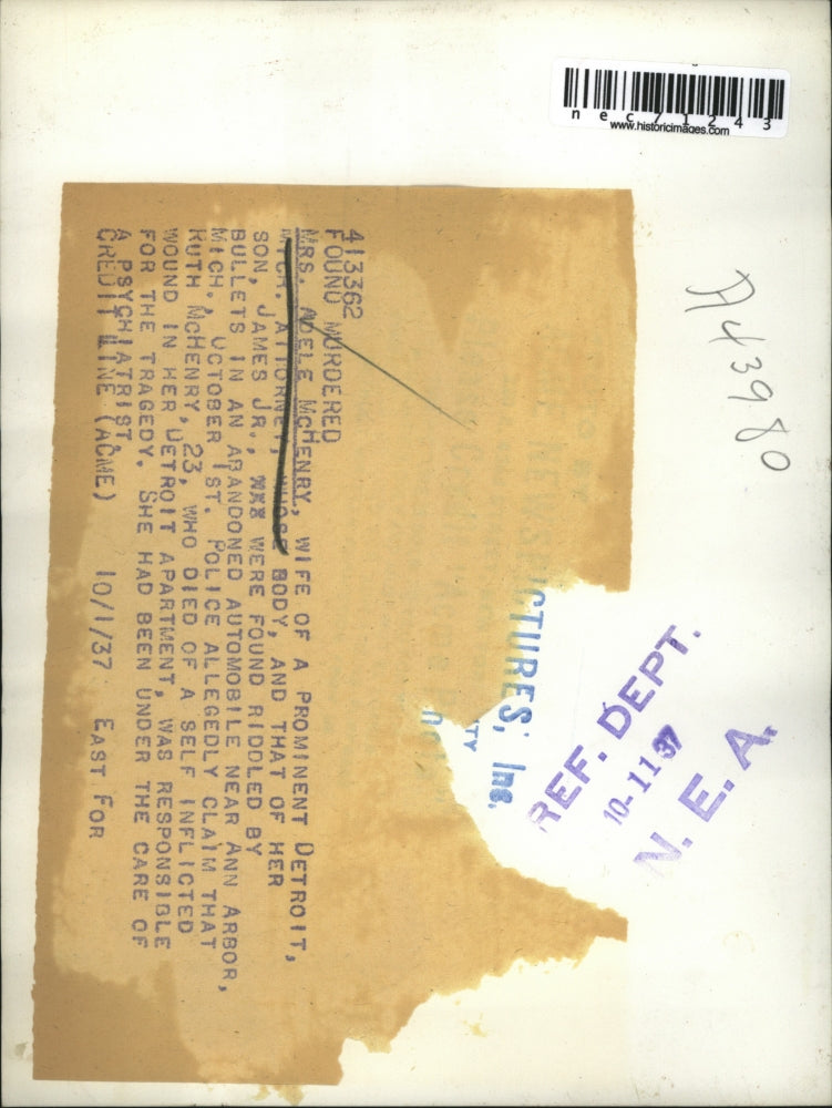 1937 Press Photo Mrs. Adele McHenry Found Murdered in Abandoned Car