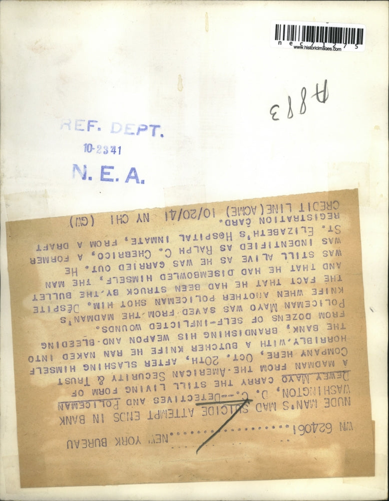 1941 Press Photo Ralph Chebrico attempts grusome suicide in Washington DC bank