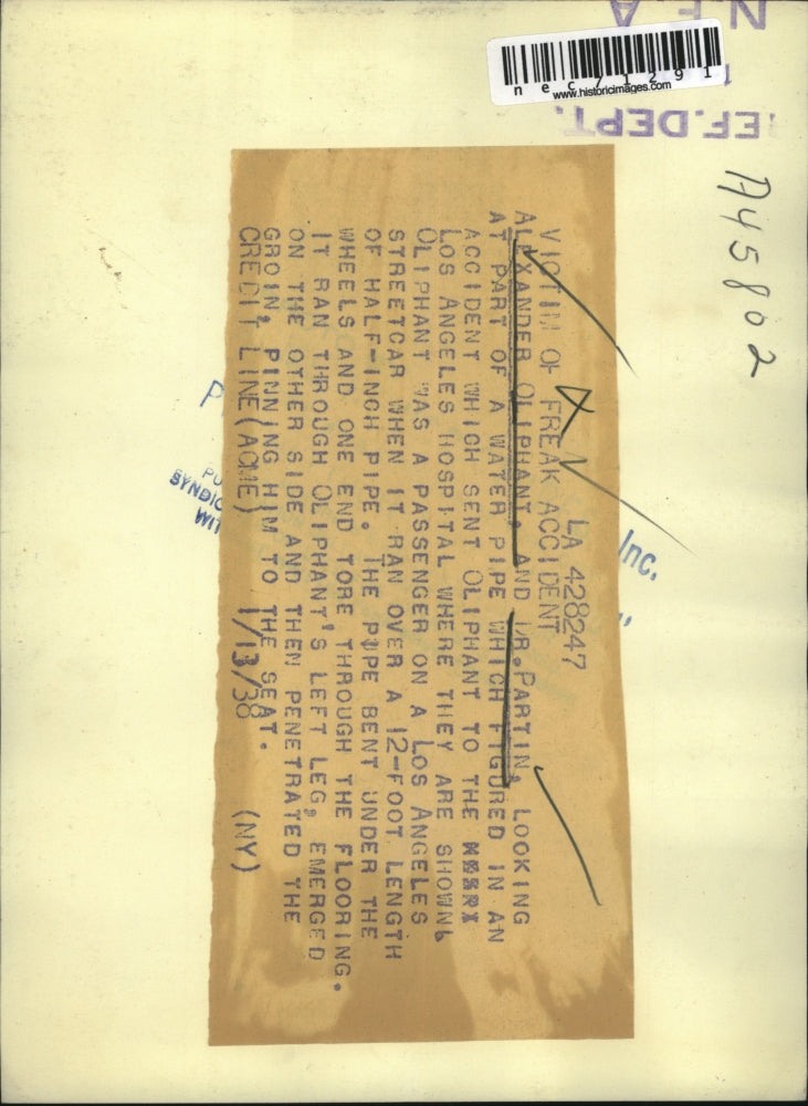 1938 Press Photo Alex Oliphant & Dr Partin at LA, Calif hospital after accident