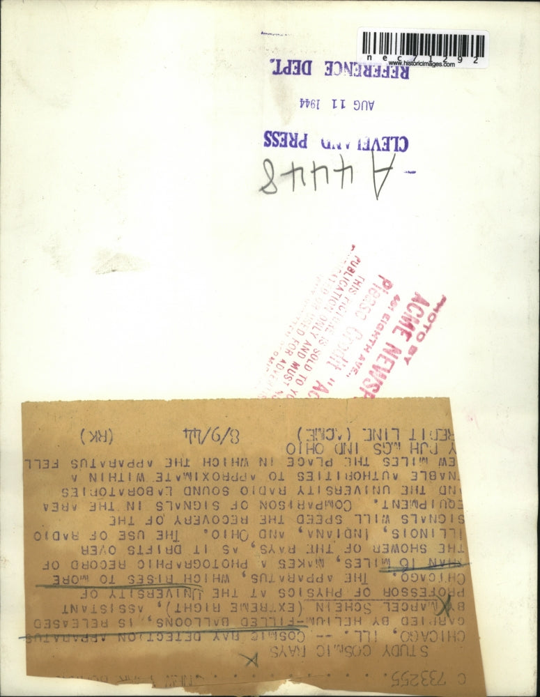 1944 Press Photo Chicago, Univ of Chicago Pros Marcel Schein & Cosmic ray gear