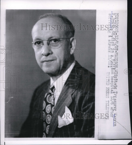 1957 Press Photo Madison, Wis State Treas Warren R Smith before his stroke