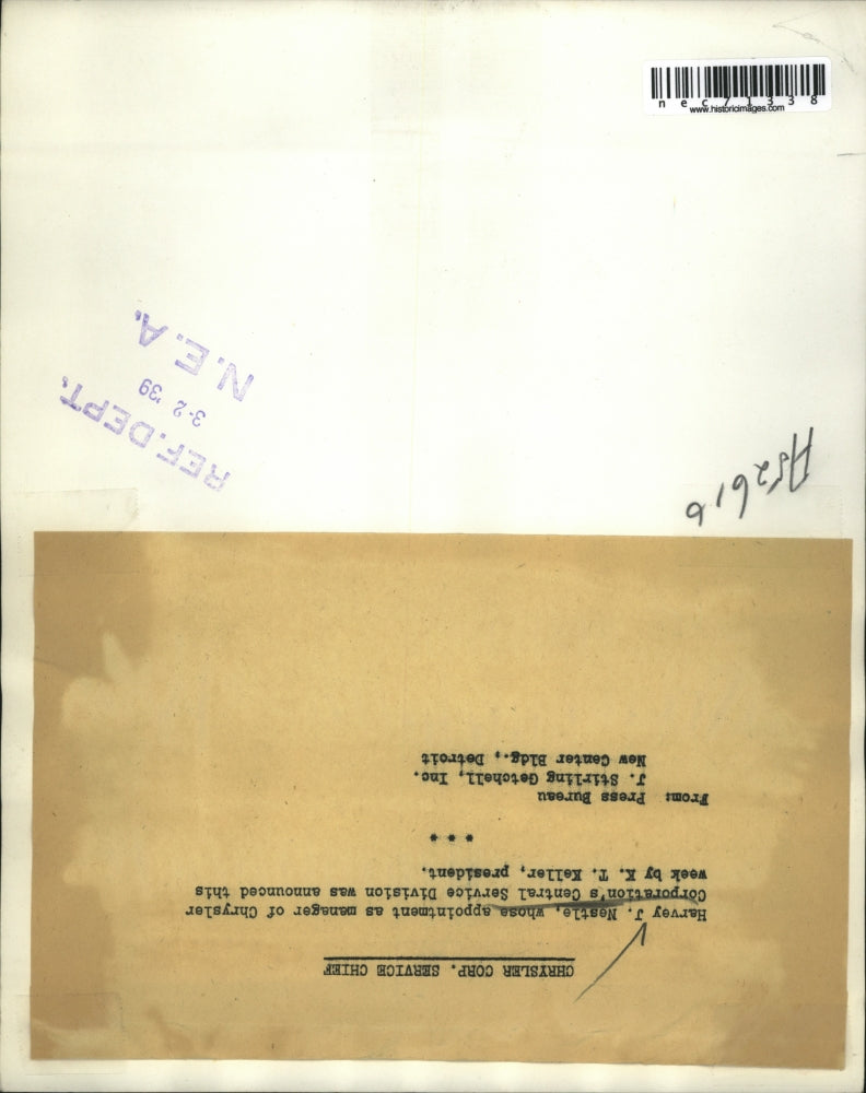 1939 Press Photo Harvey J Nestle mgr of Chrysler Corp Central Division