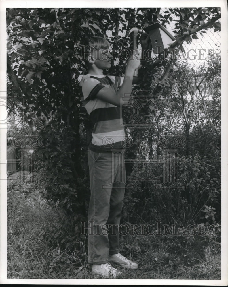 Load image into Gallery viewer, 1963 Press Photo Nickolai Winnyk age 12 at Valley View, Ohio with birdhouse
