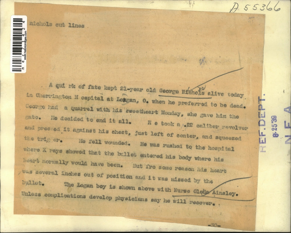 1939 Press Photo George Nichols at Cherrington Hospital with Nurse Oleda Ainsley