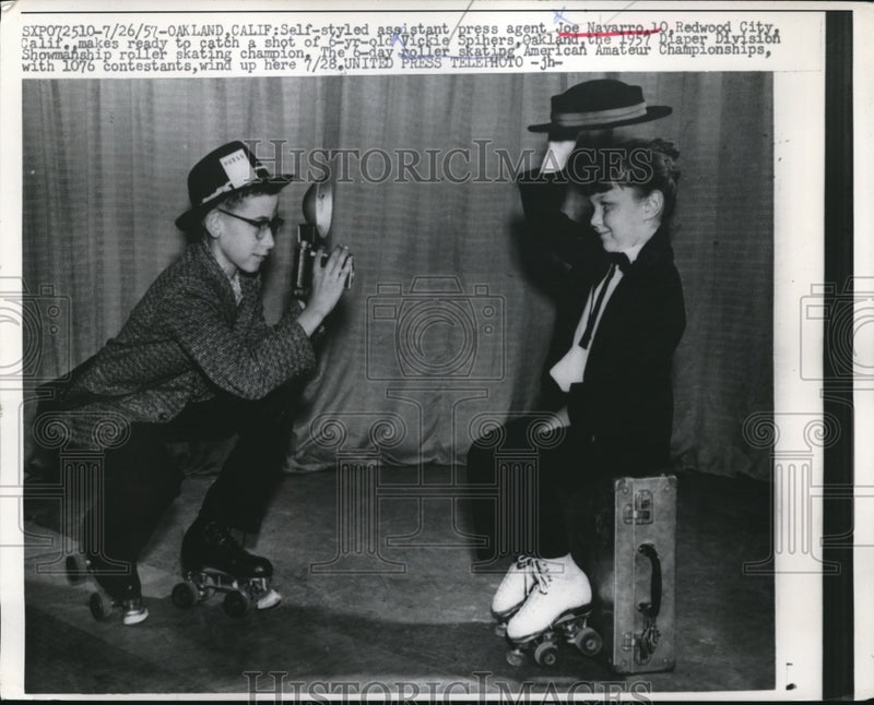 Load image into Gallery viewer, 1957 Press Photo Joe Navarro &amp; Vickie Spihers at Roller Skating Championship
