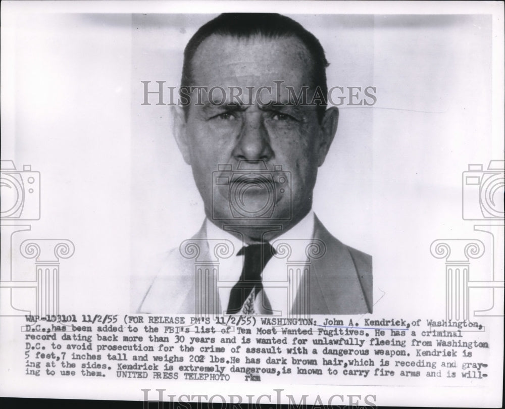 1955 Press Photo DC John A Kendrick, BBI Most Wanted captured - nec71440
