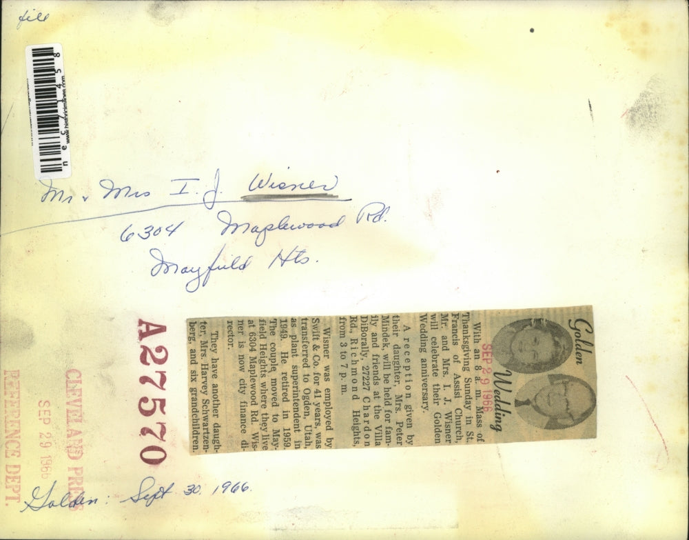 1966 Press Photo Mr & Mrs IJ Wisner 50th Wedding Anniversary in Cleveland