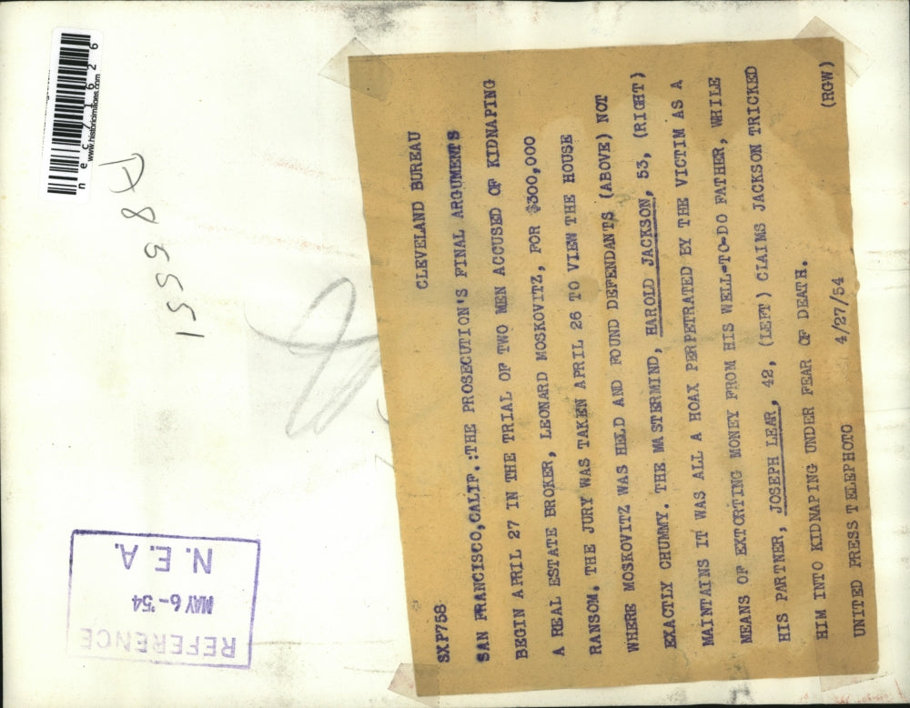 1954 Press Photo San Francisco Leonard Moskovitz, Harold Jackson trial